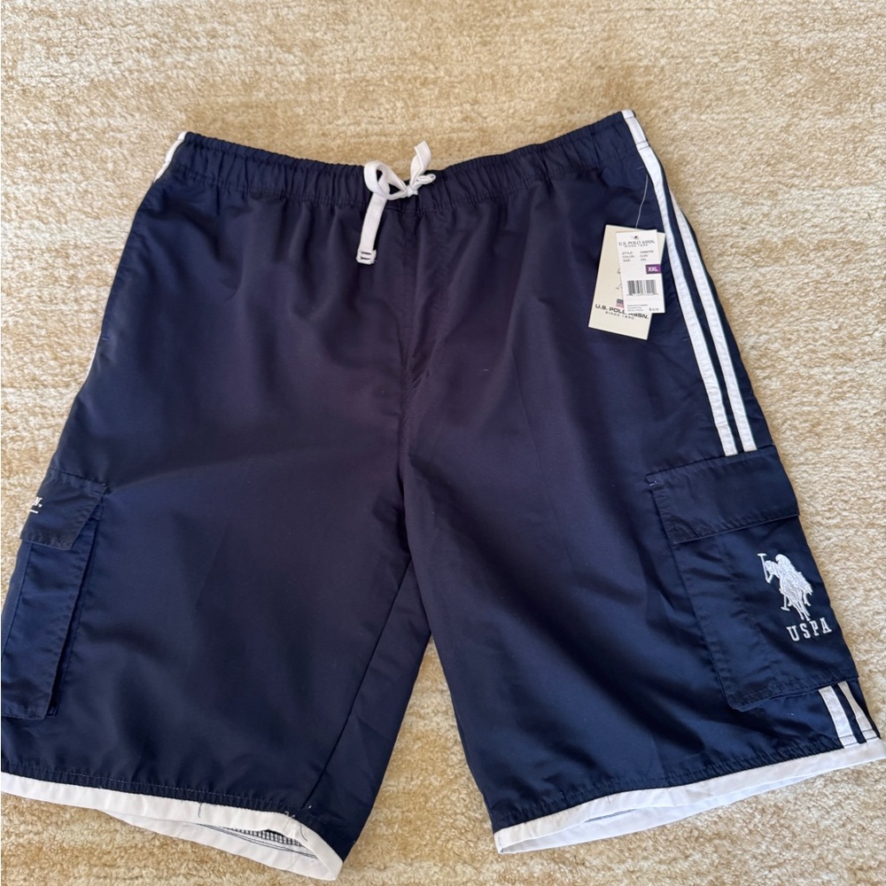 NWT | MENS | Ralph Lauren Polo | Navy Blue Swim Shorts with White Stripes | XXL